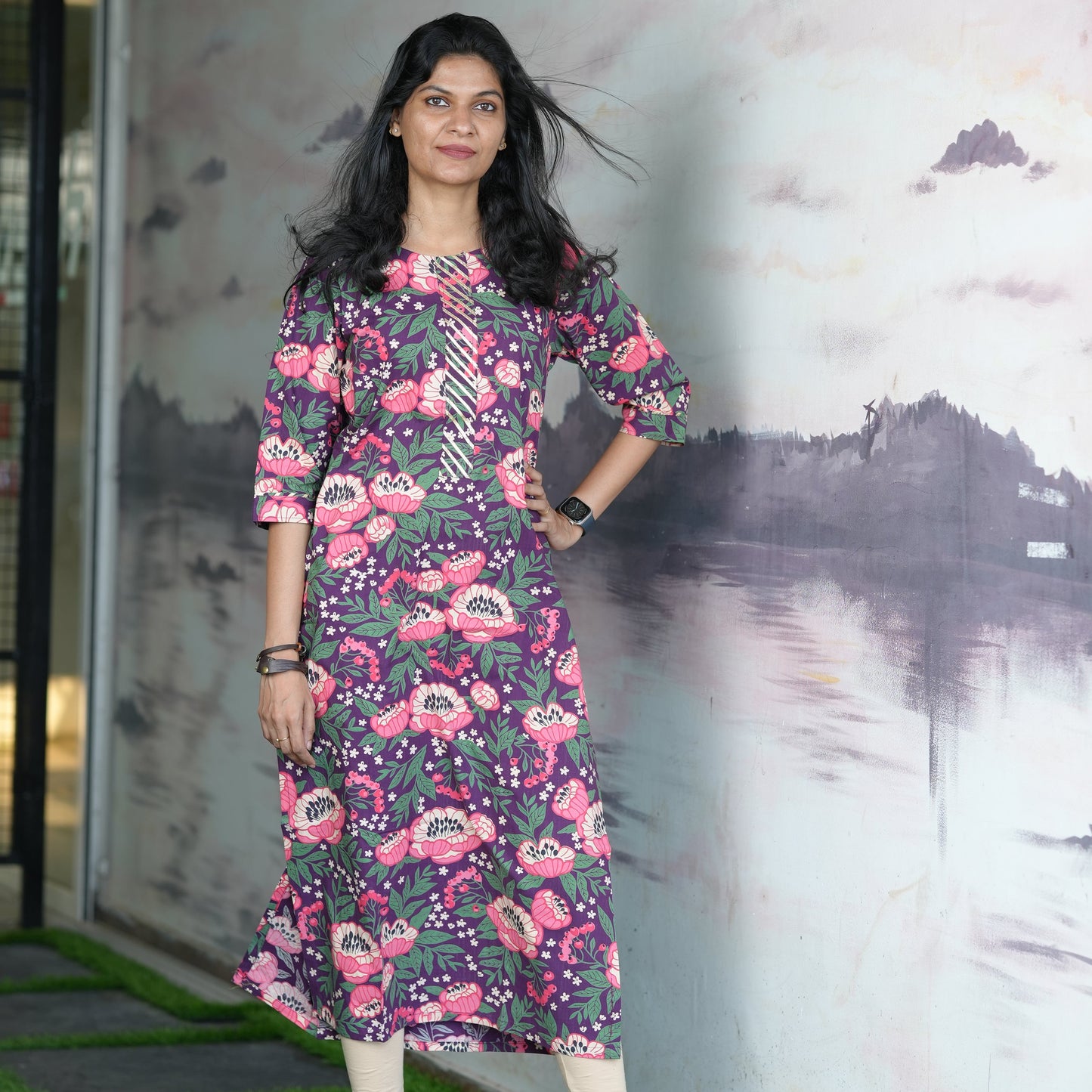 Straight cut Pure cotton purple Kurti with pink floral print