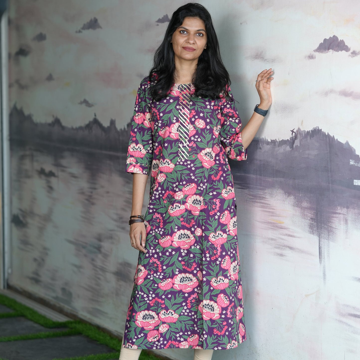 Straight cut Pure cotton purple Kurti with pink floral print