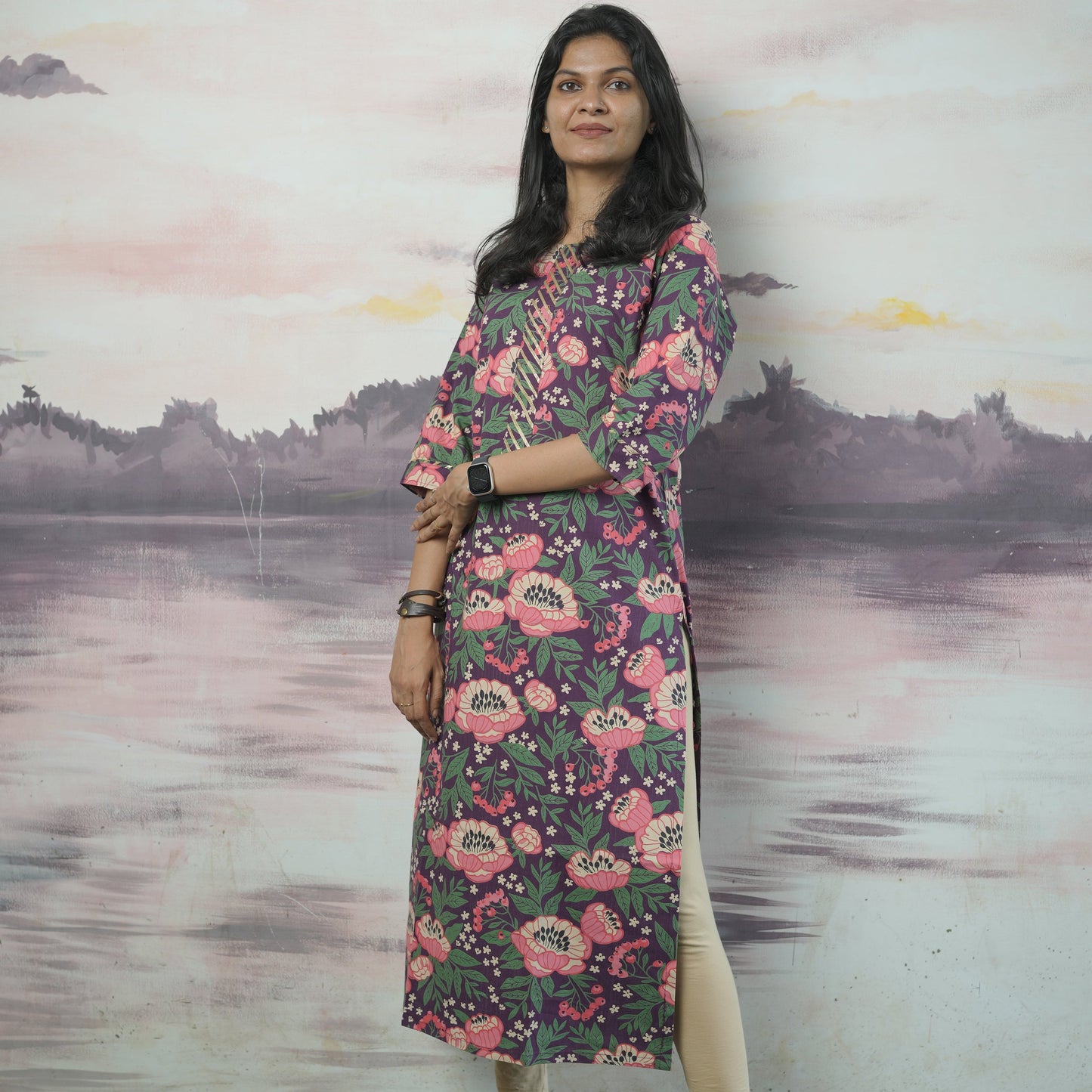 Straight cut Pure cotton purple Kurti with pink floral print