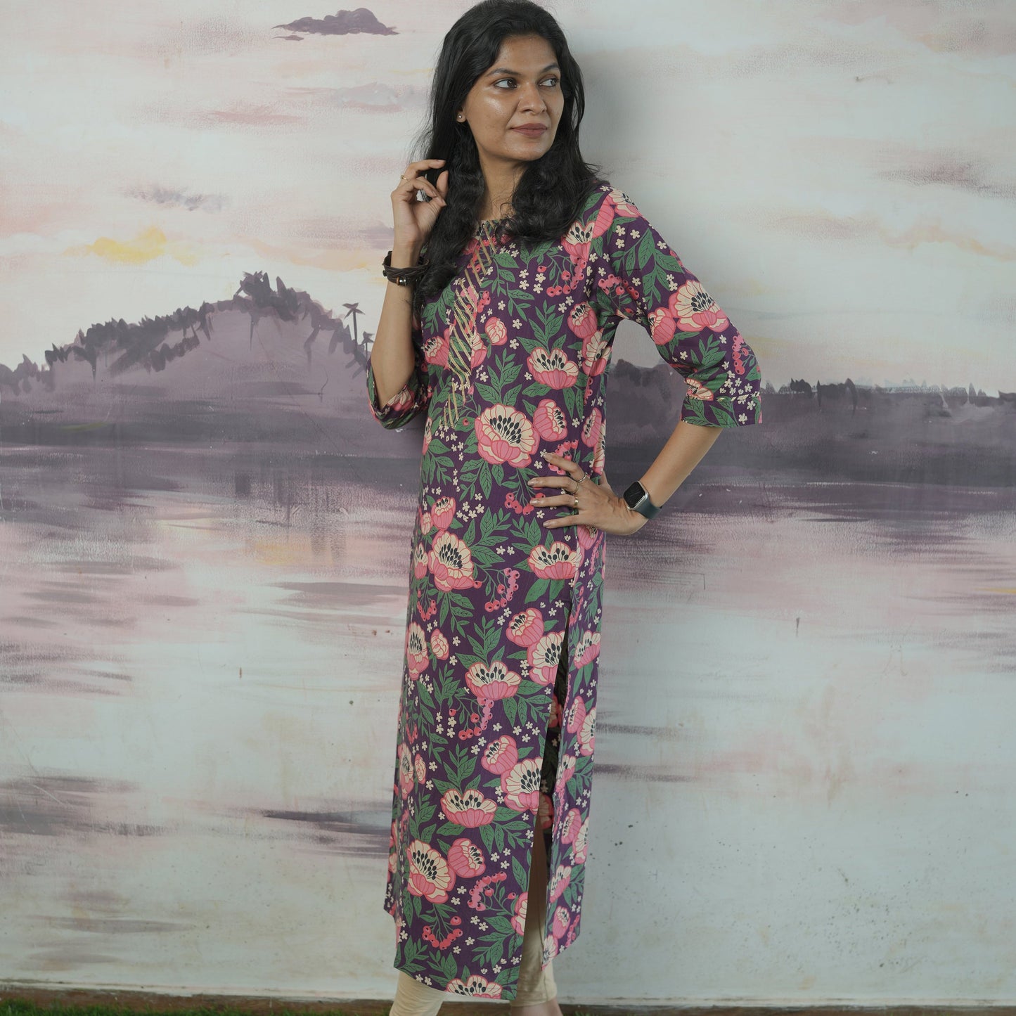 Straight cut Pure cotton purple Kurti with pink floral print