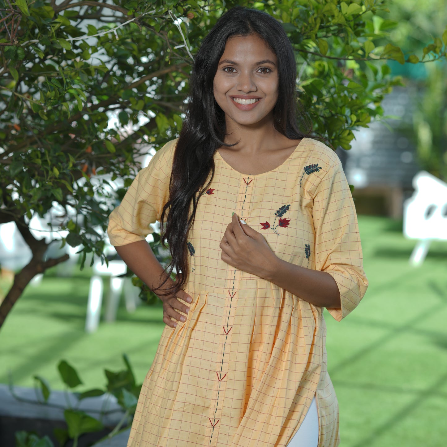 Lovely bright yellow cotton weaving Kurtis