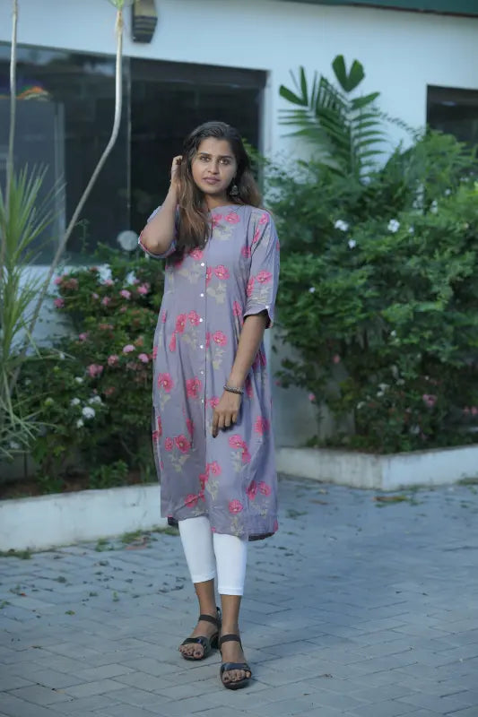 A-line rayon kurti on a light and soft blueberry base.