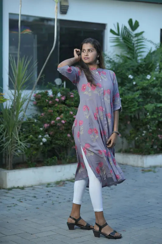 A-line rayon kurti on a light and soft blueberry base.