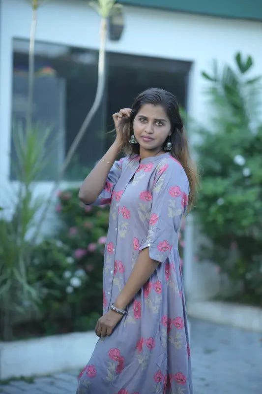 A-line rayon kurti on a light and soft blueberry base.