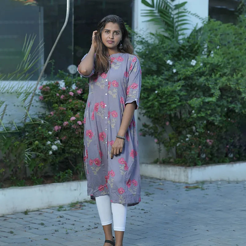 A-line rayon kurti on a light and soft blueberry base.