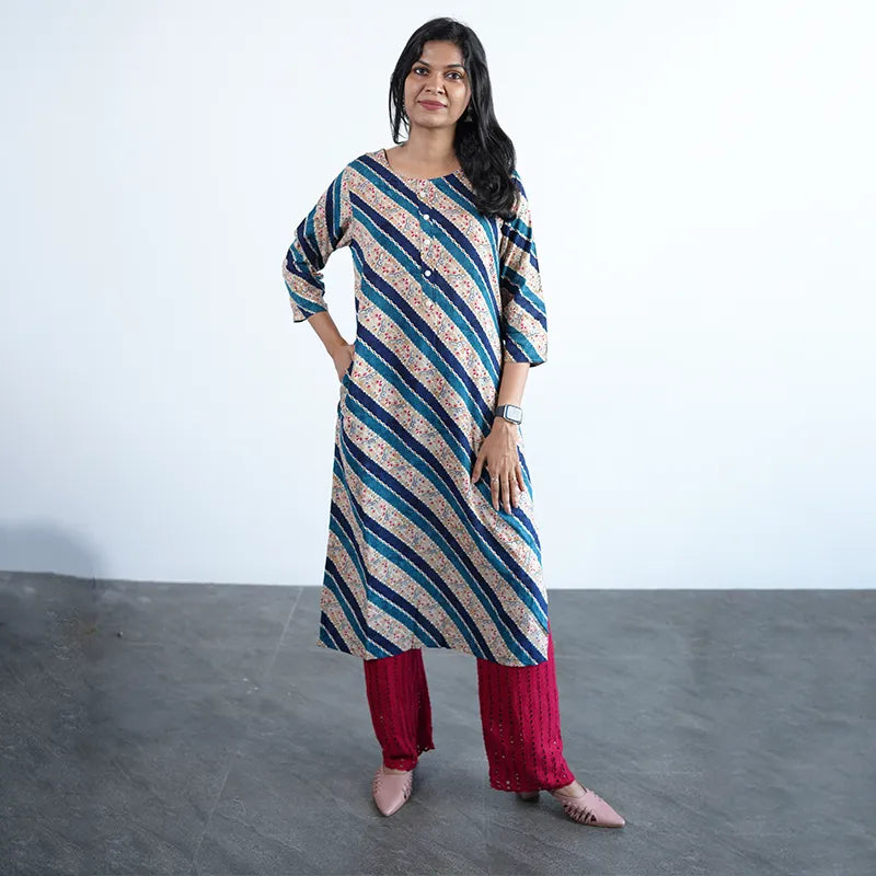Simple straight cut tan coloured viscose rayon Kurti with turquoise green stripes and golden print work.