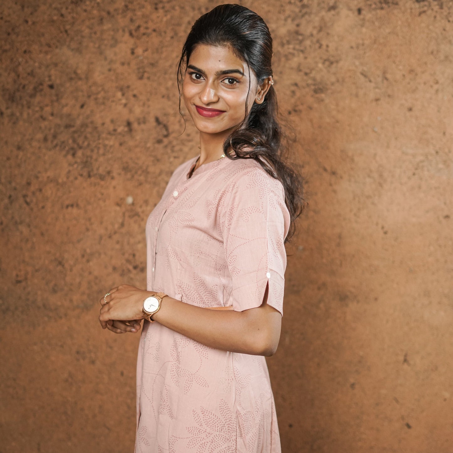 Kobi colour Pure cotton dress Kurti with tan brown solid belt.