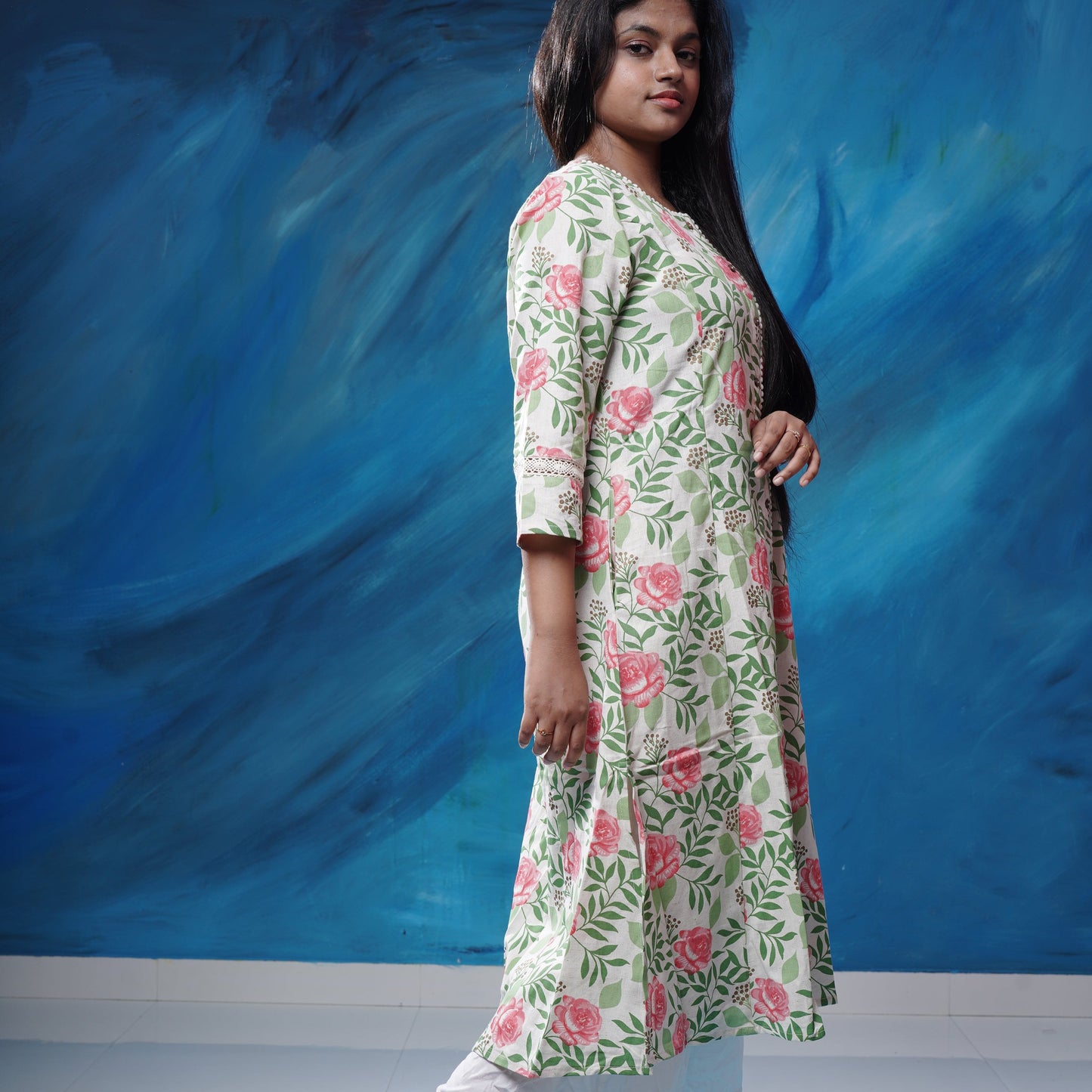 A-line Off white princess cut pure flex cotton Kurtis with floral print and side pocket