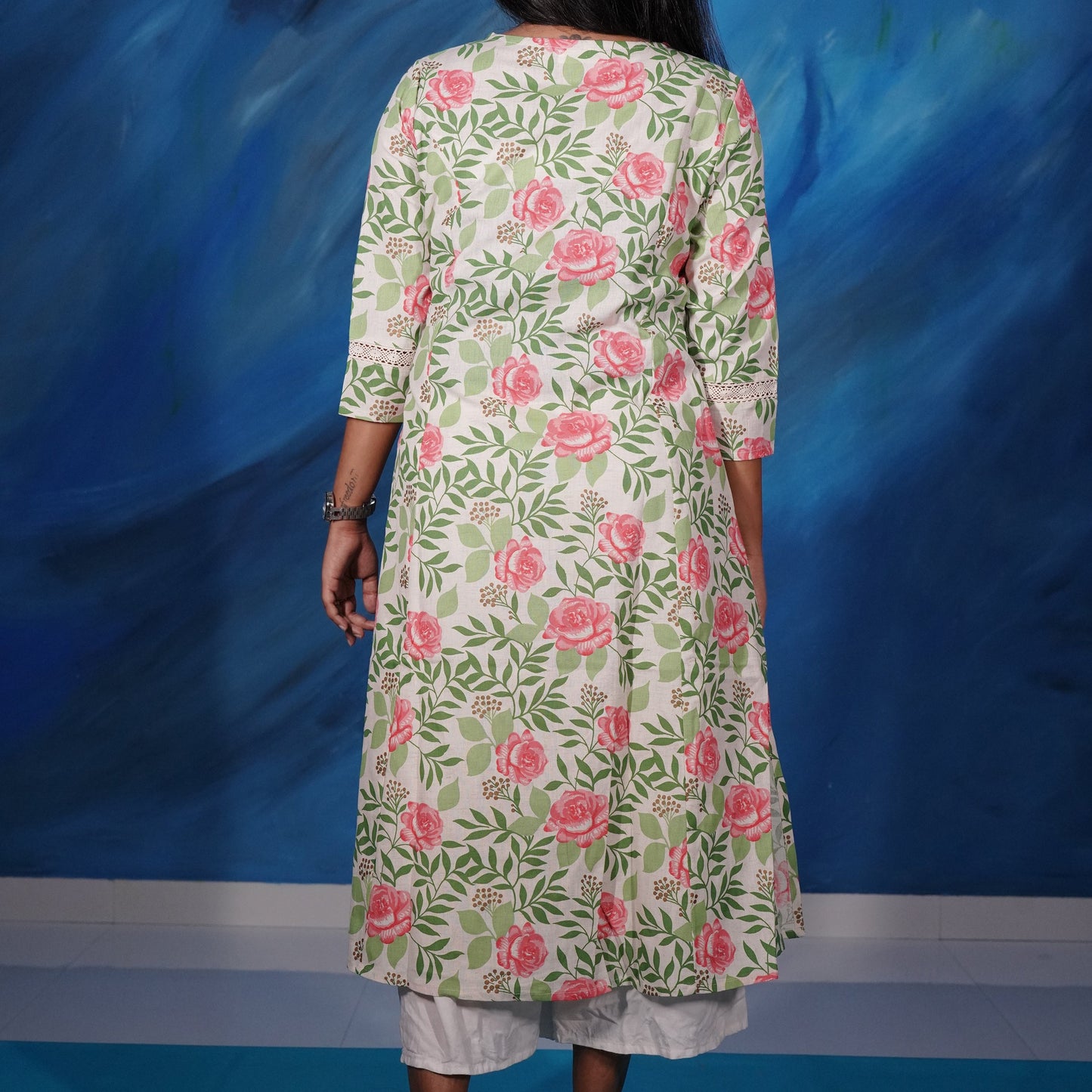 A-line Off white princess cut pure flex cotton Kurtis with floral print and side pocket