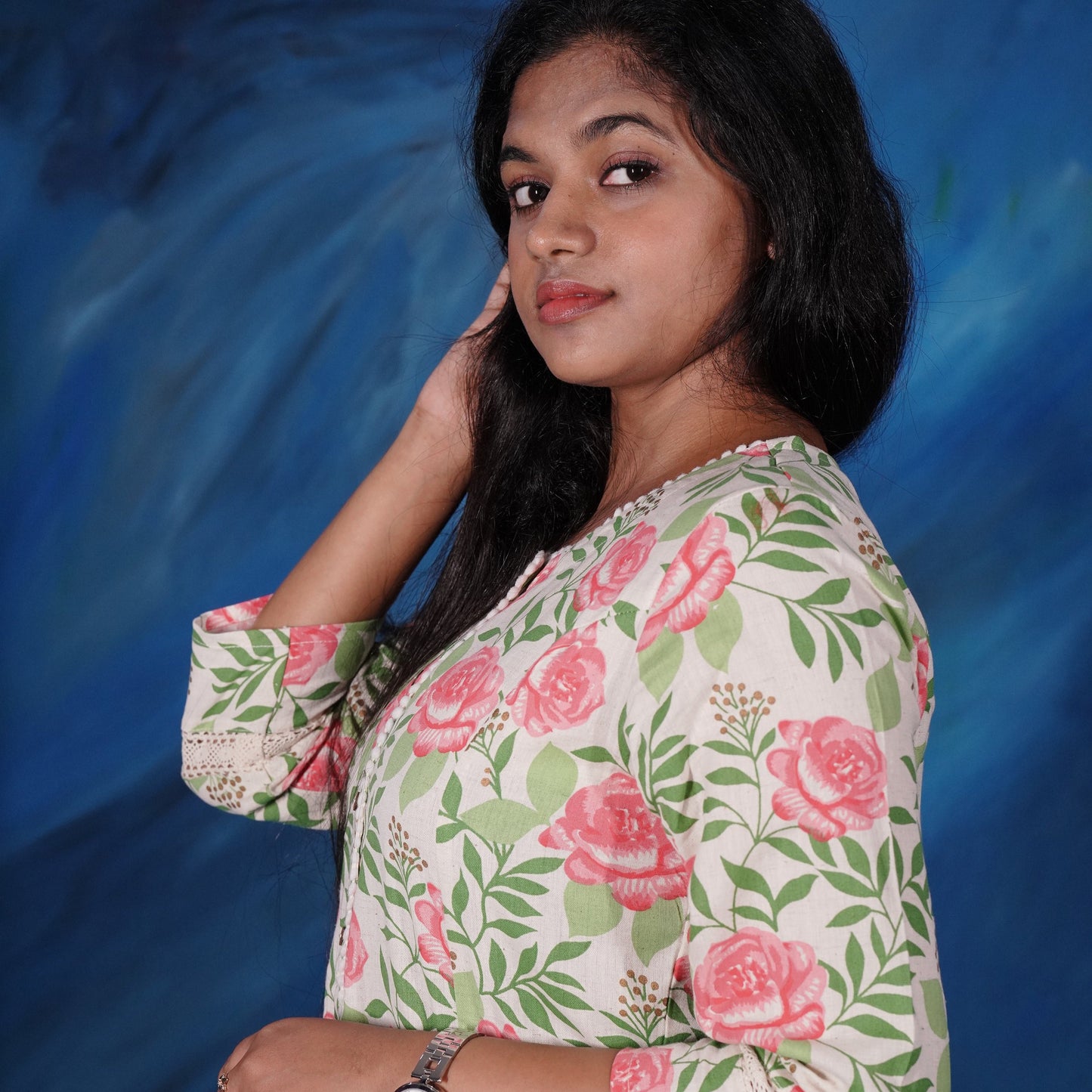 A-line Off white princess cut pure flex cotton Kurtis with floral print and side pocket