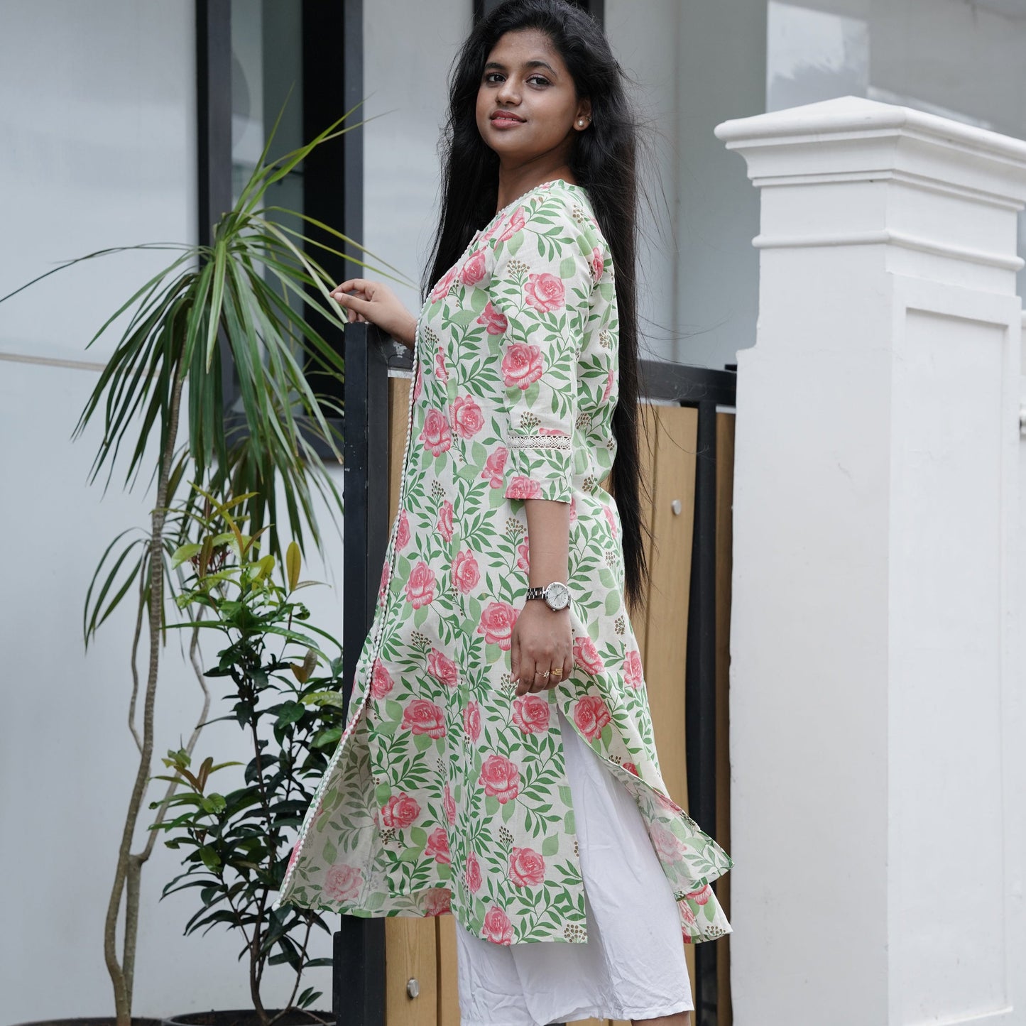 A-line Off white princess cut pure flex cotton Kurtis with floral print and side pocket
