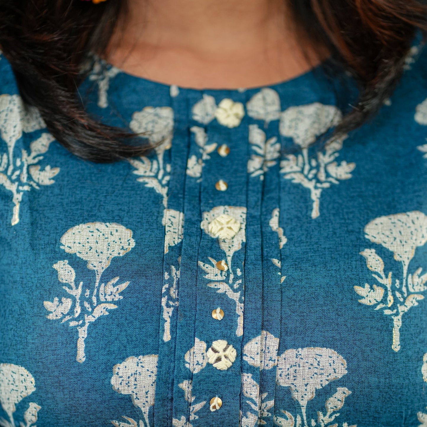 Deep turquoise coloured flared cotton Kurti with belt.