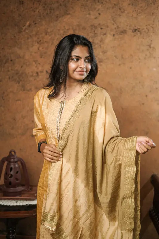 Rich caramel golden Chanderi Silk Kurti with Dupatta suited for any festivals and occasions.