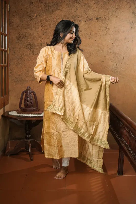 Rich caramel golden Chanderi Silk Kurti with Dupatta suited for any festivals and occasions.