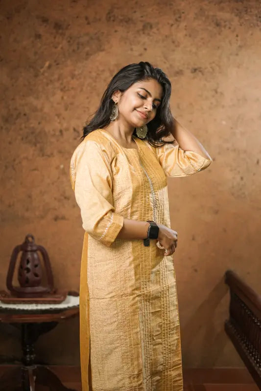 Rich caramel golden Chanderi Silk Kurti with Dupatta suited for any festivals and occasions.