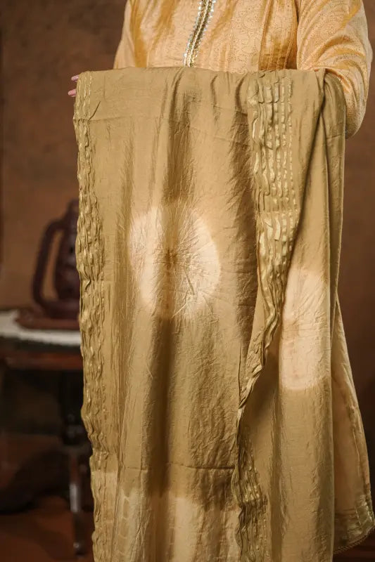 Rich caramel golden Chanderi Silk Kurti with Dupatta suited for any festivals and occasions.