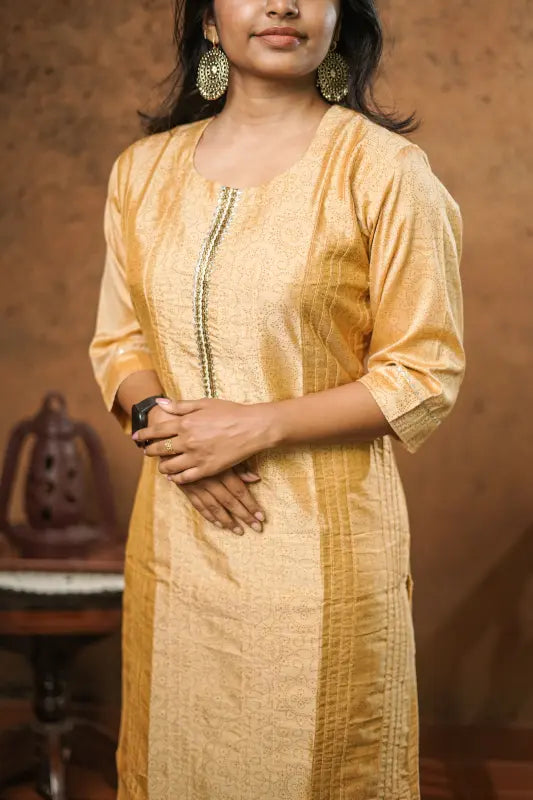 Rich caramel golden Chanderi Silk Kurti with Dupatta suited for any festivals and occasions.