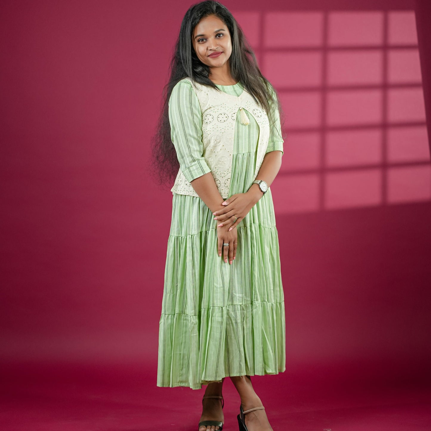 Beautiful flared light green cotton Kurti with off white jacket.