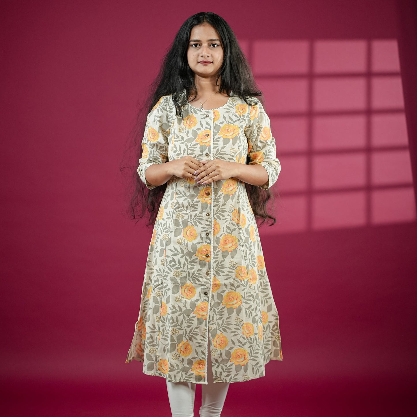 A-line Off white princess cut pure flex cotton Kurtis with floral print and side pocket