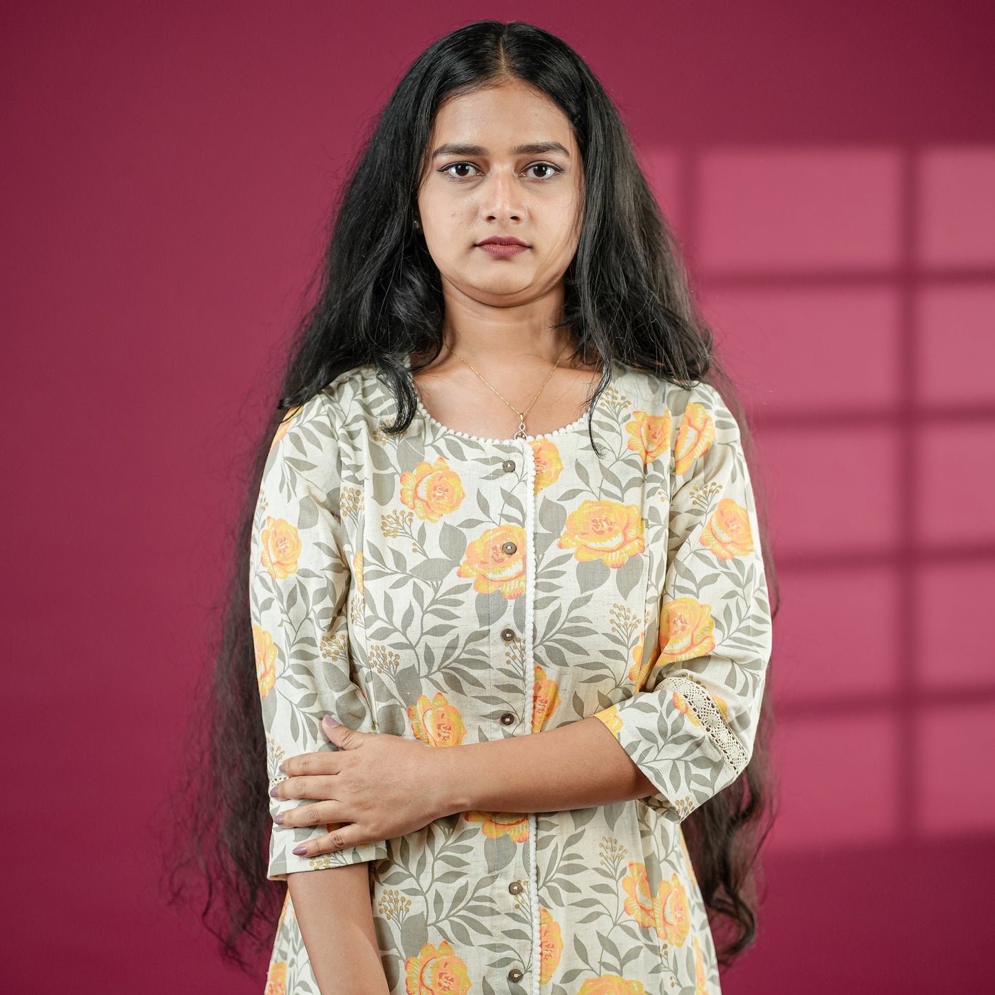 A-line Off white princess cut pure flex cotton Kurtis with floral print and side pocket