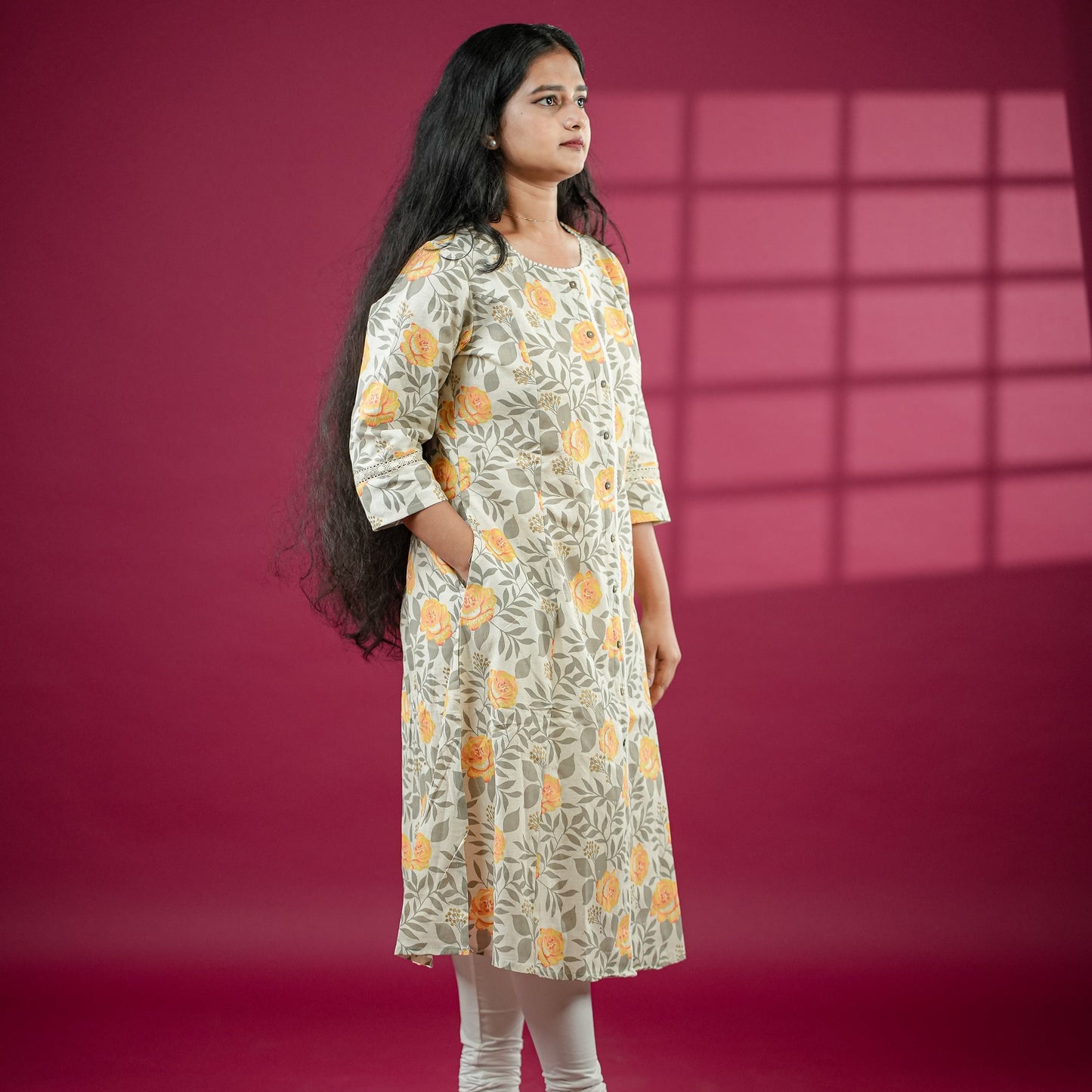 A-line Off white princess cut pure flex cotton Kurtis with floral print and side pocket