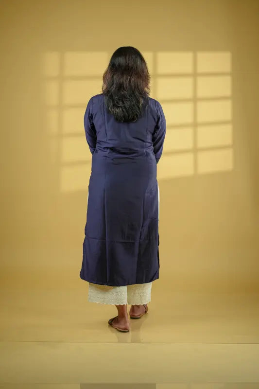 Navy blue sequin work muslin silk Kurti with bright orange digital print Dupatta.
