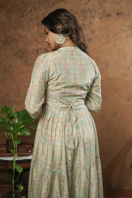 Beautiful and rich mint pastel green colour muslin silk flared Kurti with belt.