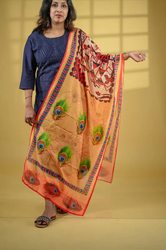 Navy blue sequin work muslin silk Kurti with bright orange digital print Dupatta.