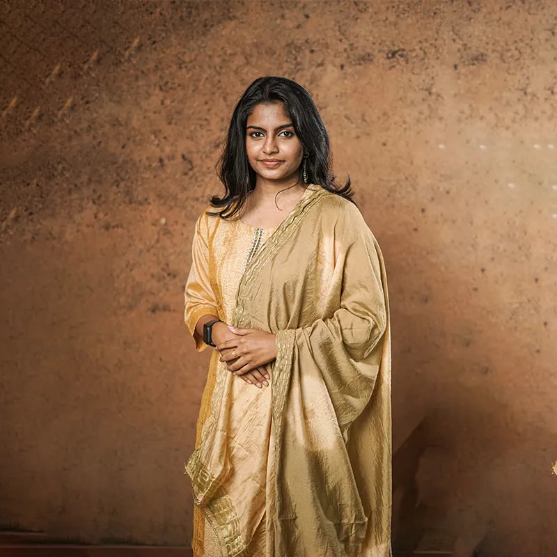 Rich caramel golden Chanderi Silk Kurti with Dupatta suited for any festivals and occasions.