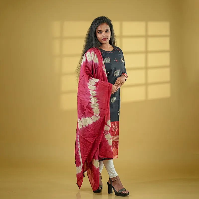 Beautiful red and black Chanderi silk Kurti with tie dye dupatta.