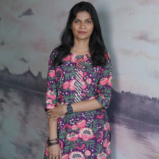 Straight cut Pure cotton purple Kurti with pink floral print