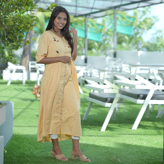 Lovely bright yellow cotton weaving Kurtis