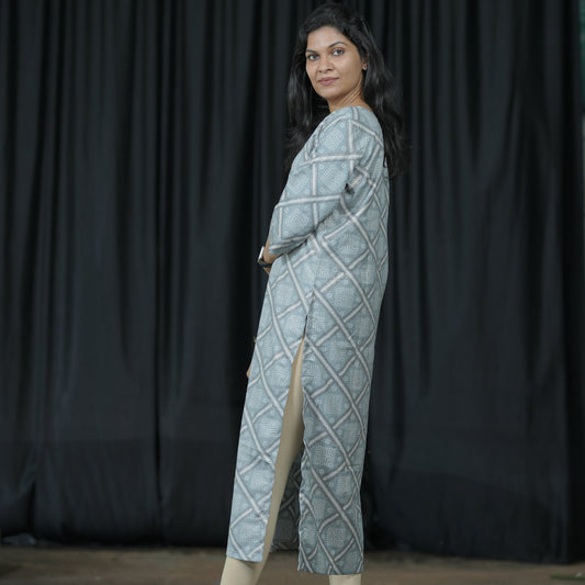 Straight cut ash grey coloured Cotton Kurti with golden print work.