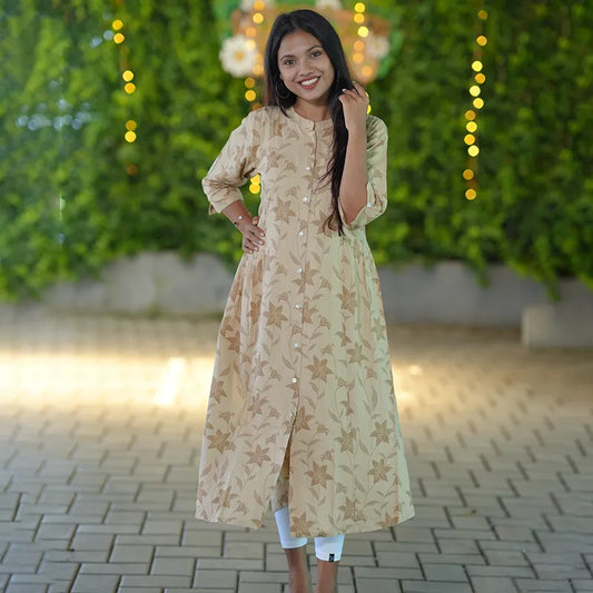 Simple beige color mandarin collared a line kurti.