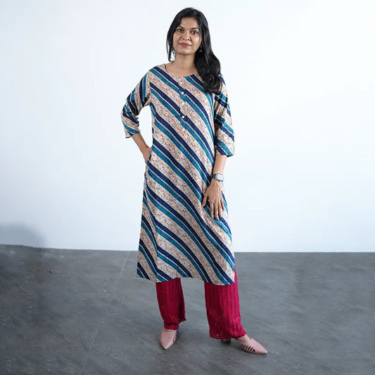 Simple straight cut tan coloured viscose rayon Kurti with turquoise green stripes and golden print work.