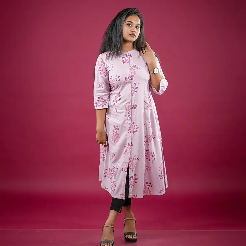 Beautiful lavender coloured mandarin collar a line Rayon Kurti.