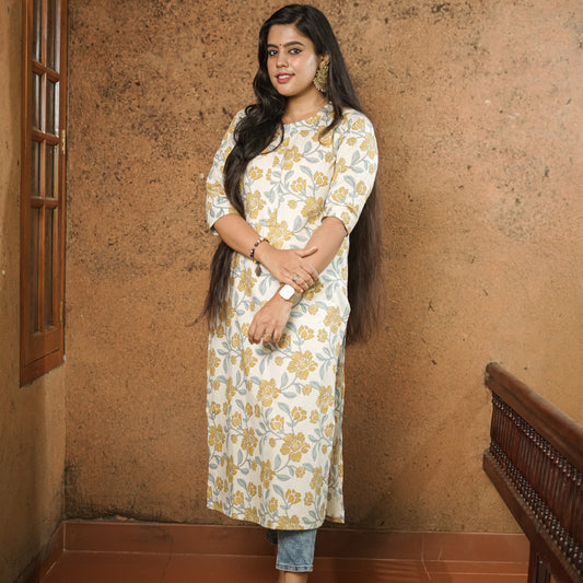 Simple off white cotton Kurtis with floral print.