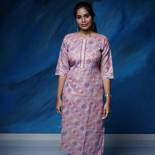 Pink pearl colour cotton Kurti with rich golden print work.