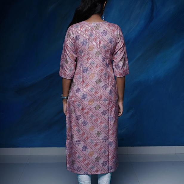 Pink pearl colour cotton Kurti with rich golden print work.