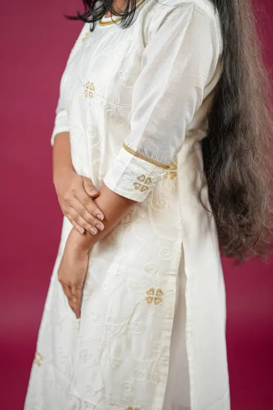 White Silk Kurti with Embroidered Floral Motifs
