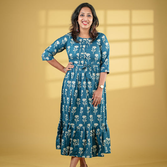 Deep turquoise coloured flared cotton Kurti with belt.