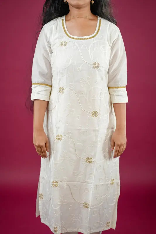 White Silk Kurti with Embroidered Floral Motifs