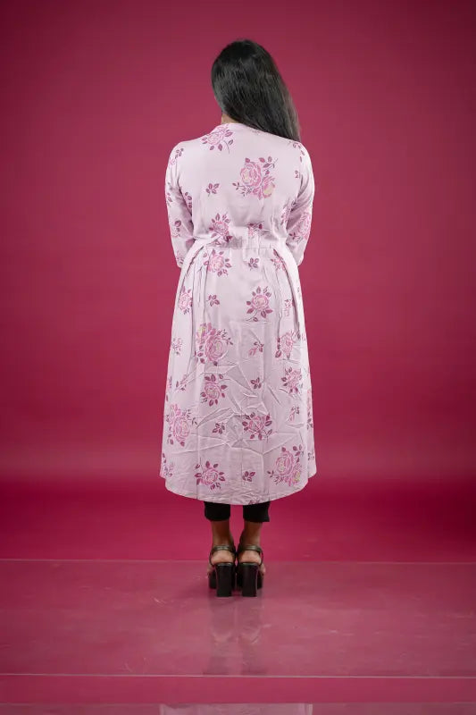 Beautiful lavender coloured mandarin collar a line Rayon Kurti.