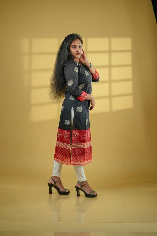 Beautiful red and black Chanderi silk Kurti with tie dye dupatta.