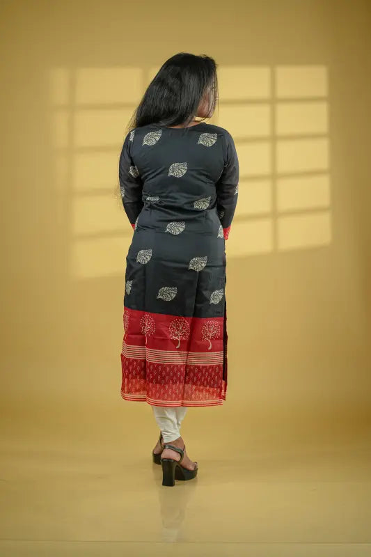 Beautiful red and black Chanderi silk Kurti with tie dye dupatta.