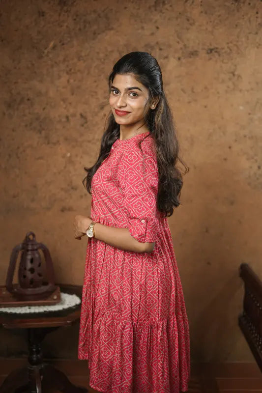 Raspberry red short viscose silk Kurti with mandarin collar.