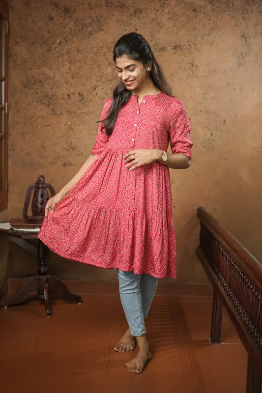 Raspberry red short viscose silk Kurti with mandarin collar.