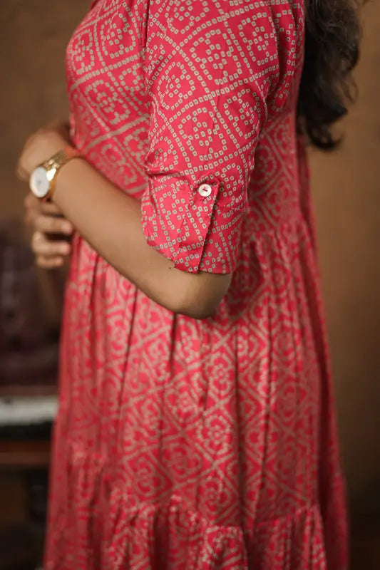 Raspberry red short viscose silk Kurti with mandarin collar.
