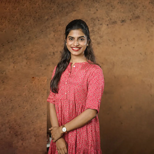 Raspberry red short viscose silk Kurti with mandarin collar.