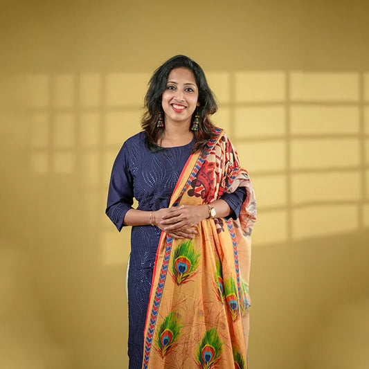 Navy blue sequin work muslin silk Kurti with bright orange digital print Dupatta.